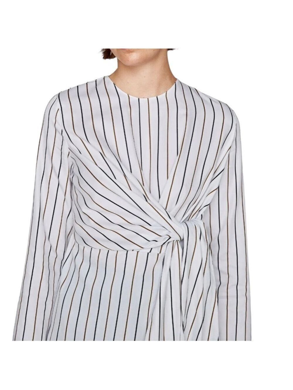 Zara Cotton Poplin Striped Bow Long Sleeve Tunic Top